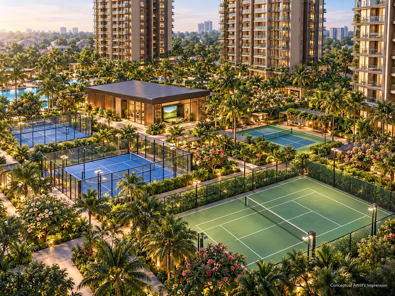 Conceptual render of padel, pickleball and tennis courts among palms and flowering trees, with a glass pavilion behind