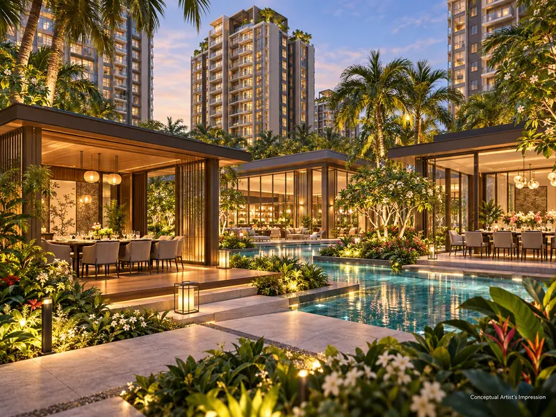 Conceptual render of glass-walled dining pavilions with set tables beside a lit pool and gardens at dusk