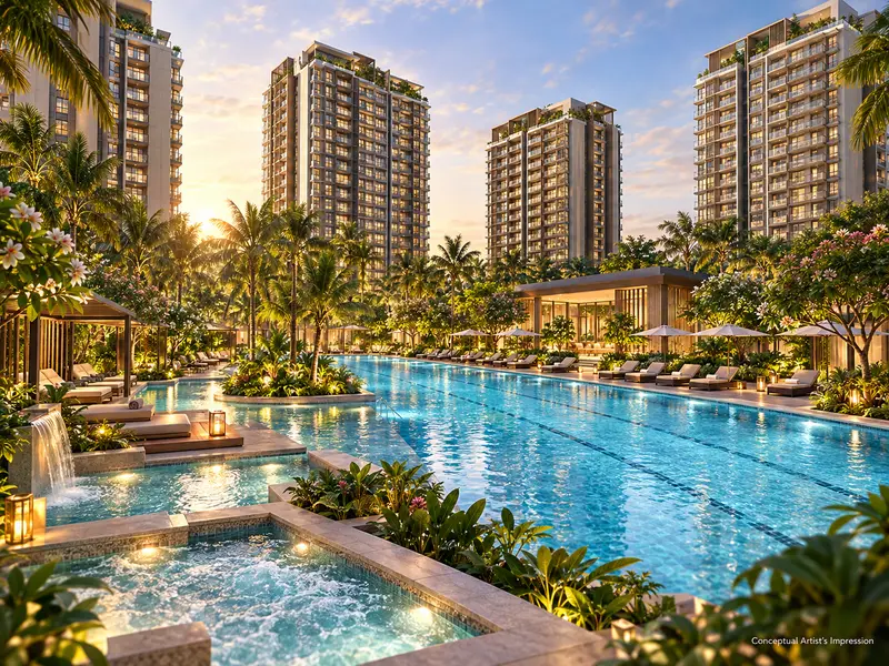 Conceptual render of a long lap pool lined with sun loungers, with a spa pool and small waterfall in the foreground