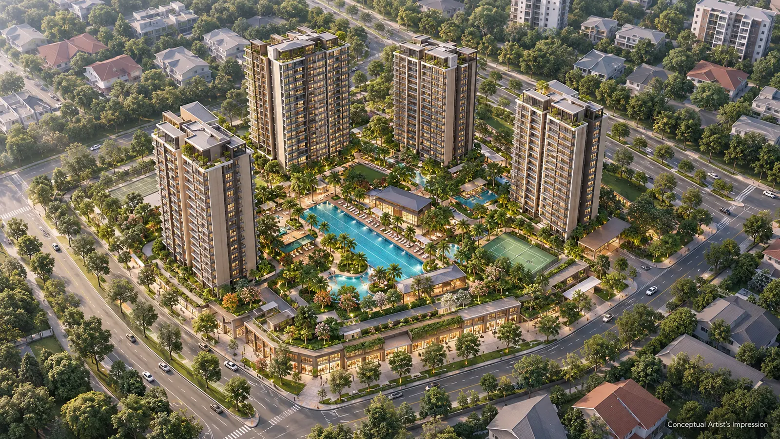 Conceptual aerial render of the towers, pool deck and courts among surrounding landed homes in daylight